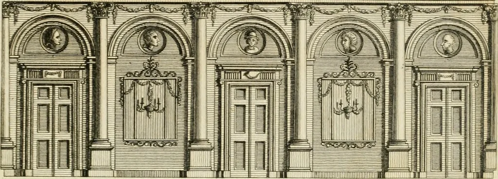 An illustration from Convenient and ornamental architecture, consisting of original designs, for plans, elevations and sections, beginning with the farm house, and regularly ascending to the most grand and magnificent villa : calculated both for town and country, and to suit all persons in every station of life : engraved on seventy copper plates : with reference and explanation in the letter press, of the use of every room in each separate building, and the dimensions accurately figured on the plans, with exact scales for measurement, 1797, leaf 146