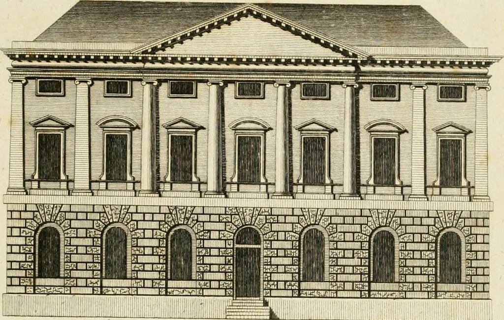 An illustration from Convenient and ornamental architecture, consisting of original designs, for plans, elevations and sections, beginning with the farm house, and regularly ascending to the most grand and magnificent villa : calculated both for town and country, and to suit all persons in every station of life : engraved on seventy copper plates : with reference and explanation in the letter press, of the use of every room in each separate building, and the dimensions accurately figured on the plans, with exact scales for measurement, 1797, leaf 148