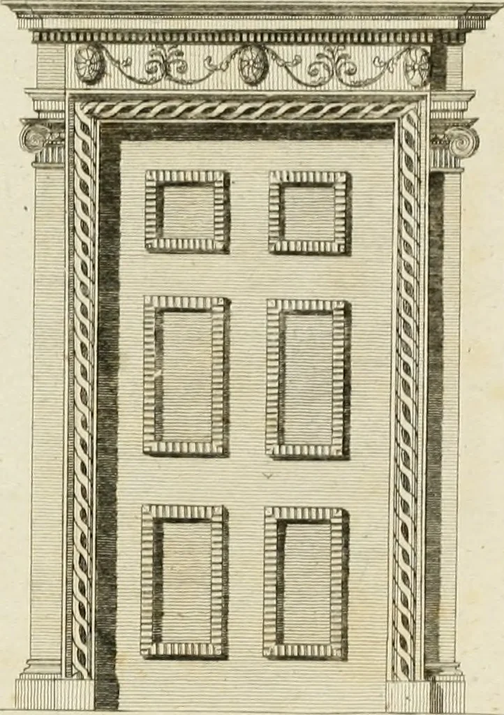 An illustration from Convenient and ornamental architecture, consisting of original designs, for plans, elevations and sections, beginning with the farm house, and regularly ascending to the most grand and magnificent villa : calculated both for town and country, and to suit all persons in every station of life : engraved on seventy copper plates : with reference and explanation in the letter press, of the use of every room in each separate building, and the dimensions accurately figured on the plans, with exact scales for measurement, 1797, leaf 152