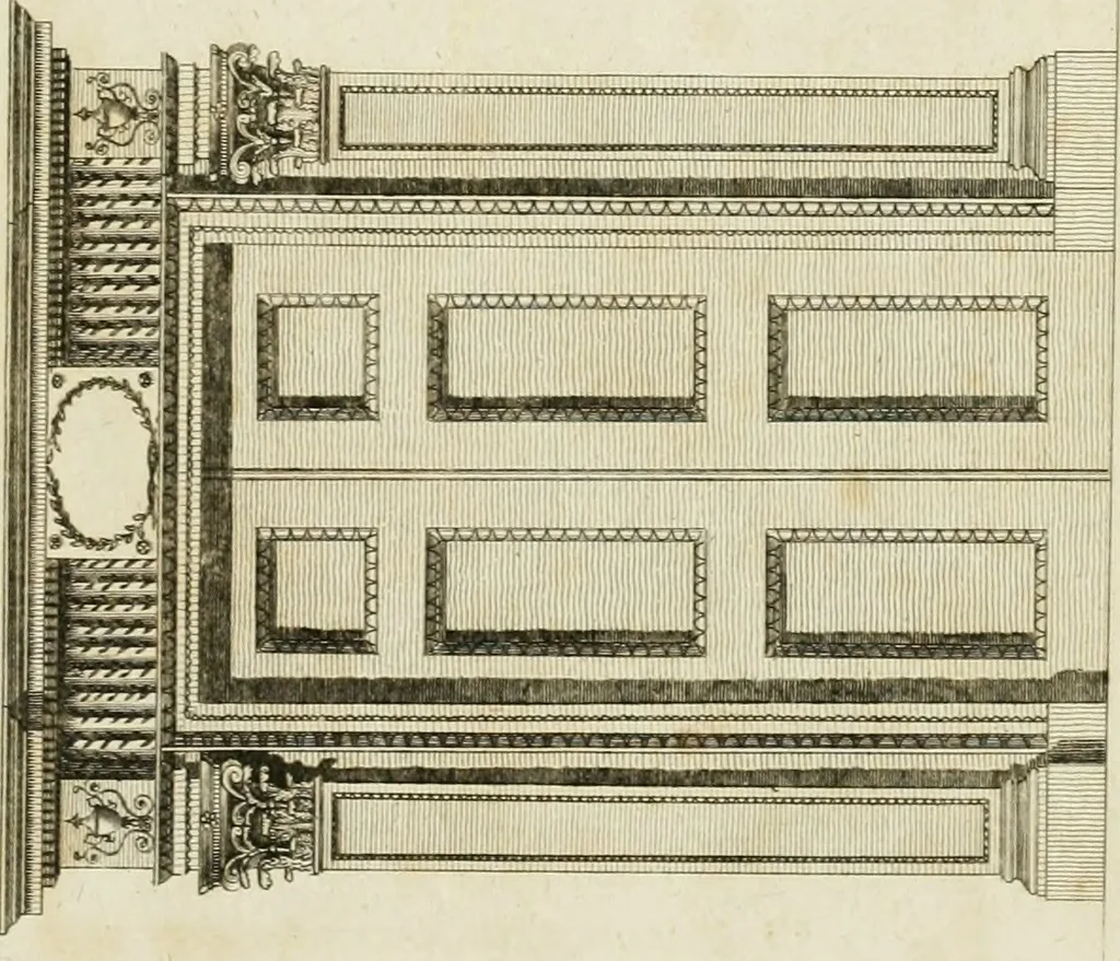 An illustration from Convenient and ornamental architecture, consisting of original designs, for plans, elevations and sections, beginning with the farm house, and regularly ascending to the most grand and magnificent villa : calculated both for town and country, and to suit all persons in every station of life : engraved on seventy copper plates : with reference and explanation in the letter press, of the use of every room in each separate building, and the dimensions accurately figured on the plans, with exact scales for measurement, 1797, leaf 152