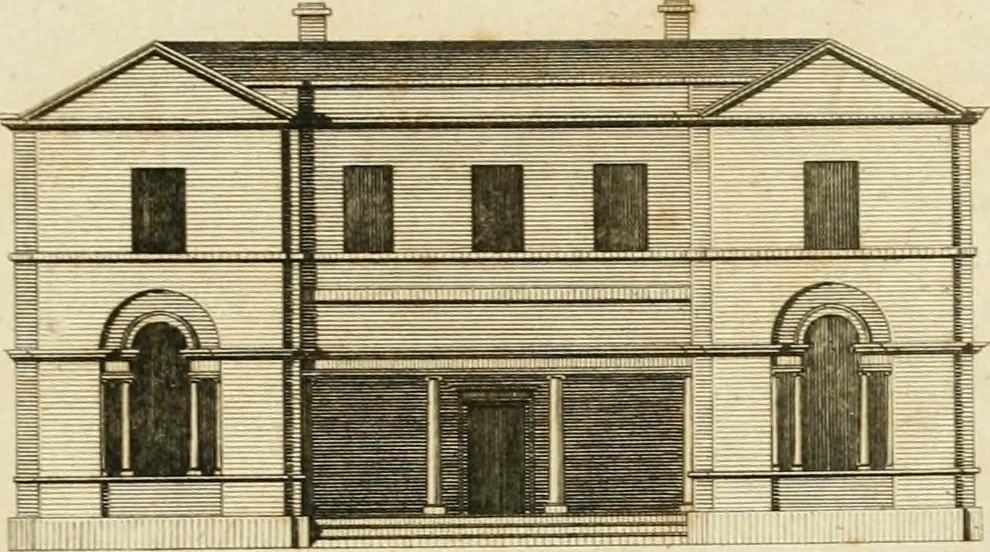An illustration from Convenient and ornamental architecture, consisting of original designs, for plans, elevations and sections, beginning with the farm house, and regularly ascending to the most grand and magnificent villa : calculated both for town and country, and to suit all persons in every station of life : engraved on seventy copper plates : with reference and explanation in the letter press, of the use of every room in each separate building, and the dimensions accurately figured on the plans, with exact scales for measurement, 1797, leaf 154
