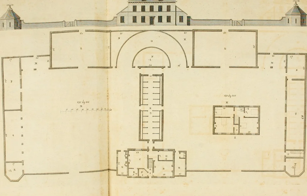 An illustration from Convenient and ornamental architecture, consisting of original designs, for plans, elevations and sections, beginning with the farm house, and regularly ascending to the most grand and magnificent villa : calculated both for town and country, and to suit all persons in every station of life : engraved on seventy copper plates : with reference and explanation in the letter press, of the use of every room in each separate building, and the dimensions accurately figured on the plans, with exact scales for measurement, 1797, leaf 41