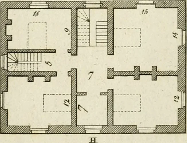 An illustration from Convenient and ornamental architecture, consisting of original designs, for plans, elevations and sections, beginning with the farm house, and regularly ascending to the most grand and magnificent villa : calculated both for town and country, and to suit all persons in every station of life : engraved on seventy copper plates : with reference and explanation in the letter press, of the use of every room in each separate building, and the dimensions accurately figured on the plans, with exact scales for measurement, 1797, leaf 48