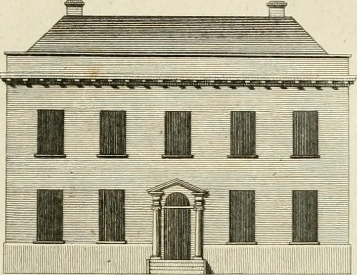 An illustration from Convenient and ornamental architecture, consisting of original designs, for plans, elevations and sections, beginning with the farm house, and regularly ascending to the most grand and magnificent villa : calculated both for town and country, and to suit all persons in every station of life : engraved on seventy copper plates : with reference and explanation in the letter press, of the use of every room in each separate building, and the dimensions accurately figured on the plans, with exact scales for measurement, 1797, leaf 54