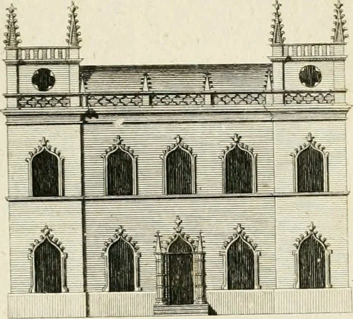 An illustration from Convenient and ornamental architecture, consisting of original designs, for plans, elevations and sections, beginning with the farm house, and regularly ascending to the most grand and magnificent villa : calculated both for town and country, and to suit all persons in every station of life : engraved on seventy copper plates : with reference and explanation in the letter press, of the use of every room in each separate building, and the dimensions accurately figured on the plans, with exact scales for measurement, 1797, leaf 56