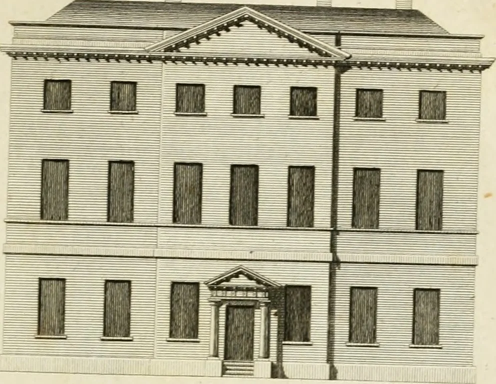 An illustration from Convenient and ornamental architecture, consisting of original designs, for plans, elevations and sections, beginning with the farm house, and regularly ascending to the most grand and magnificent villa : calculated both for town and country, and to suit all persons in every station of life : engraved on seventy copper plates : with reference and explanation in the letter press, of the use of every room in each separate building, and the dimensions accurately figured on the plans, with exact scales for measurement, 1797, leaf 64
