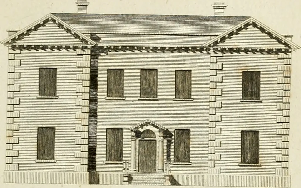 An illustration from Convenient and ornamental architecture, consisting of original designs, for plans, elevations and sections, beginning with the farm house, and regularly ascending to the most grand and magnificent villa : calculated both for town and country, and to suit all persons in every station of life : engraved on seventy copper plates : with reference and explanation in the letter press, of the use of every room in each separate building, and the dimensions accurately figured on the plans, with exact scales for measurement, 1797, leaf 68