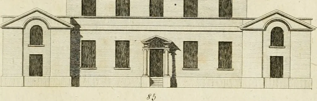 An illustration from Convenient and ornamental architecture, consisting of original designs, for plans, elevations and sections, beginning with the farm house, and regularly ascending to the most grand and magnificent villa : calculated both for town and country, and to suit all persons in every station of life : engraved on seventy copper plates : with reference and explanation in the letter press, of the use of every room in each separate building, and the dimensions accurately figured on the plans, with exact scales for measurement, 1797, leaf 70