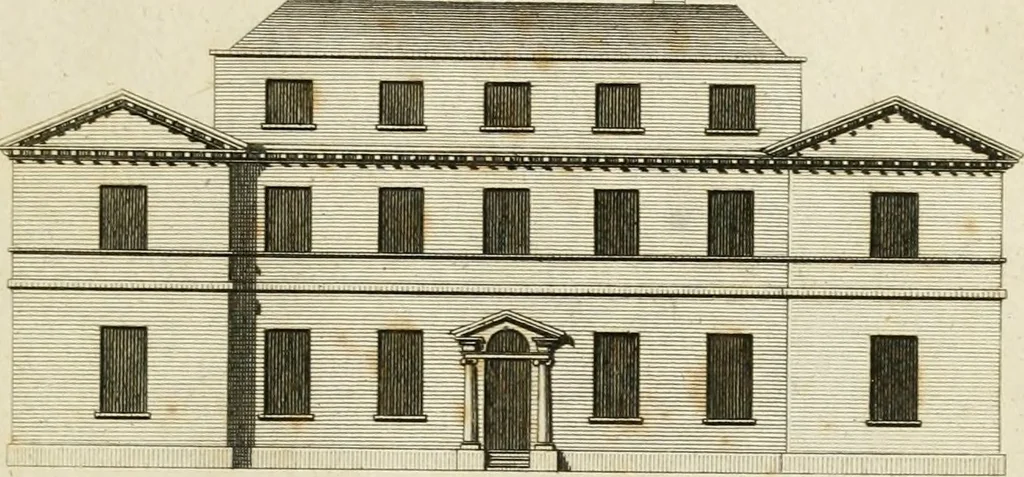 An illustration from Convenient and ornamental architecture, consisting of original designs, for plans, elevations and sections, beginning with the farm house, and regularly ascending to the most grand and magnificent villa : calculated both for town and country, and to suit all persons in every station of life : engraved on seventy copper plates : with reference and explanation in the letter press, of the use of every room in each separate building, and the dimensions accurately figured on the plans, with exact scales for measurement, 1797, leaf 72