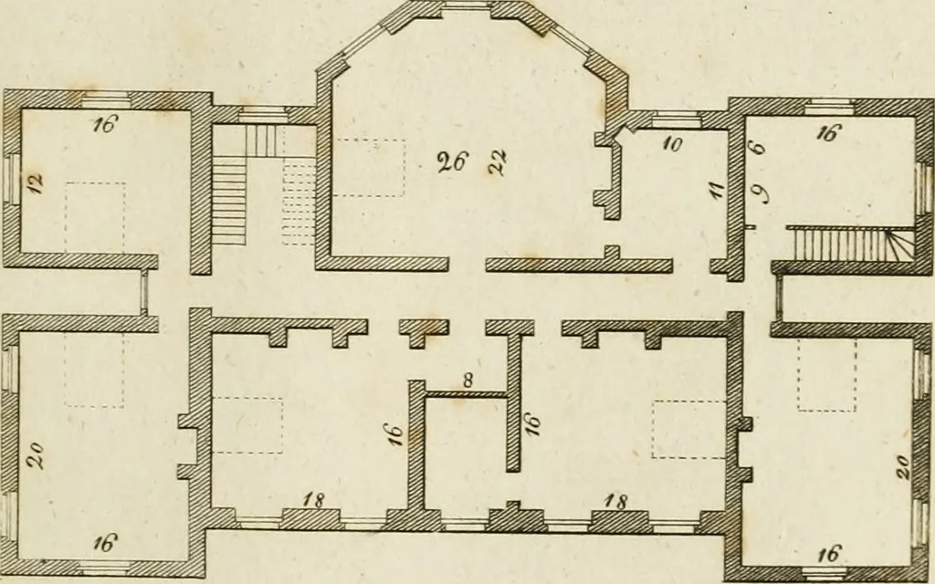 An illustration from Convenient and ornamental architecture, consisting of original designs, for plans, elevations and sections, beginning with the farm house, and regularly ascending to the most grand and magnificent villa : calculated both for town and country, and to suit all persons in every station of life : engraved on seventy copper plates : with reference and explanation in the letter press, of the use of every room in each separate building, and the dimensions accurately figured on the plans, with exact scales for measurement, 1797, leaf 72