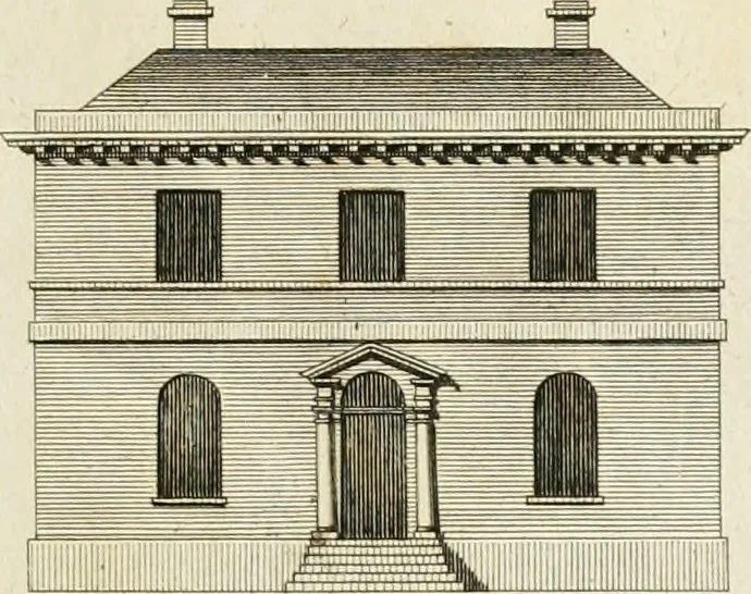 An illustration from Convenient and ornamental architecture, consisting of original designs, for plans, elevations and sections, beginning with the farm house, and regularly ascending to the most grand and magnificent villa : calculated both for town and country, and to suit all persons in every station of life : engraved on seventy copper plates : with reference and explanation in the letter press, of the use of every room in each separate building, and the dimensions accurately figured on the plans, with exact scales for measurement, 1797, leaf 80