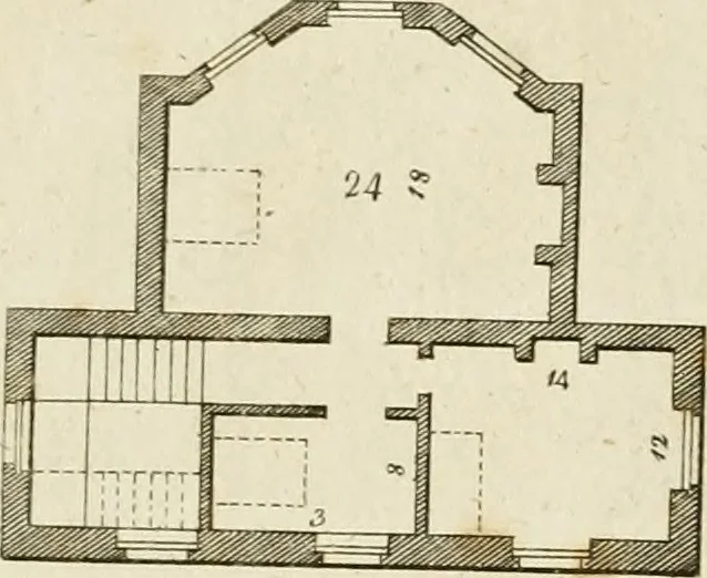 An illustration from Convenient and ornamental architecture, consisting of original designs, for plans, elevations and sections, beginning with the farm house, and regularly ascending to the most grand and magnificent villa : calculated both for town and country, and to suit all persons in every station of life : engraved on seventy copper plates : with reference and explanation in the letter press, of the use of every room in each separate building, and the dimensions accurately figured on the plans, with exact scales for measurement, 1797, leaf 82