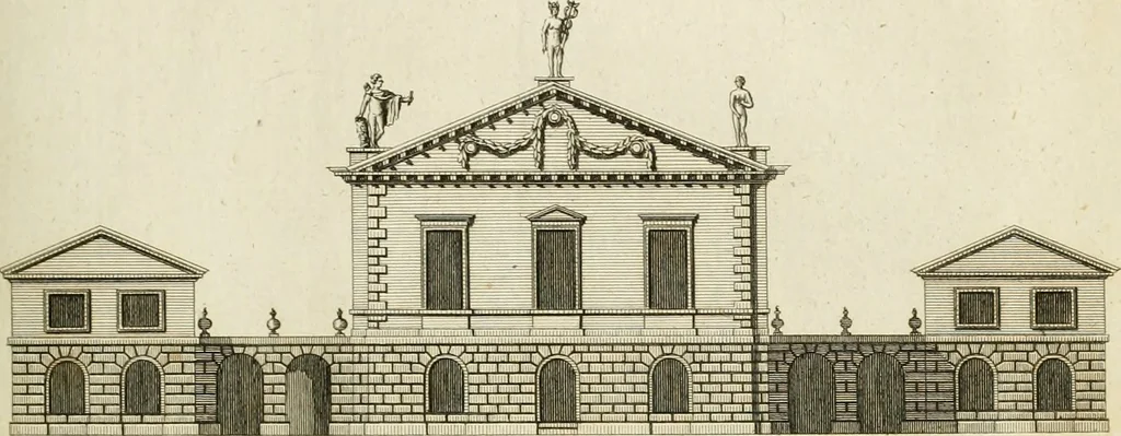 An illustration from Convenient and ornamental architecture, consisting of original designs, for plans, elevations and sections, beginning with the farm house, and regularly ascending to the most grand and magnificent villa : calculated both for town and country, and to suit all persons in every station of life : engraved on seventy copper plates : with reference and explanation in the letter press, of the use of every room in each separate building, and the dimensions accurately figured on the plans, with exact scales for measurement, 1797, leaf 84