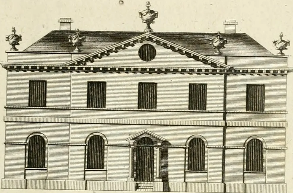 An illustration from Convenient and ornamental architecture, consisting of original designs, for plans, elevations and sections, beginning with the farm house, and regularly ascending to the most grand and magnificent villa : calculated both for town and country, and to suit all persons in every station of life : engraved on seventy copper plates : with reference and explanation in the letter press, of the use of every room in each separate building, and the dimensions accurately figured on the plans, with exact scales for measurement, 1797, leaf 86
