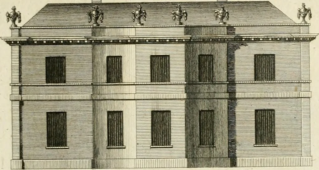 An illustration from Convenient and ornamental architecture, consisting of original designs, for plans, elevations and sections, beginning with the farm house, and regularly ascending to the most grand and magnificent villa : calculated both for town and country, and to suit all persons in every station of life : engraved on seventy copper plates : with reference and explanation in the letter press, of the use of every room in each separate building, and the dimensions accurately figured on the plans, with exact scales for measurement, 1797, leaf 88