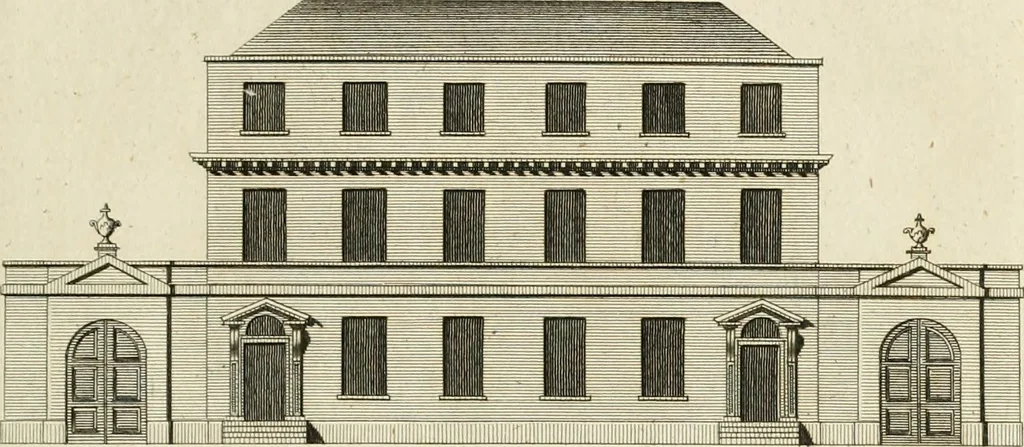 An illustration from Convenient and ornamental architecture, consisting of original designs, for plans, elevations and sections, beginning with the farm house, and regularly ascending to the most grand and magnificent villa : calculated both for town and country, and to suit all persons in every station of life : engraved on seventy copper plates : with reference and explanation in the letter press, of the use of every room in each separate building, and the dimensions accurately figured on the plans, with exact scales for measurement, 1797, leaf 90