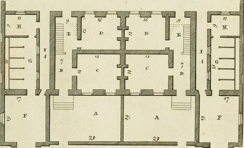 An illustration from Convenient and ornamental architecture, consisting of original designs, for plans, elevations and sections, beginning with the farm house, and regularly ascending to the most grand and magnificent villa : calculated both for town and country, and to suit all persons in every station of life : engraved on seventy copper plates : with reference and explanation in the letter press, of the use of every room in each separate building, and the dimensions accurately figured on the plans, with exact scales for measurement, 1797, leaf 90