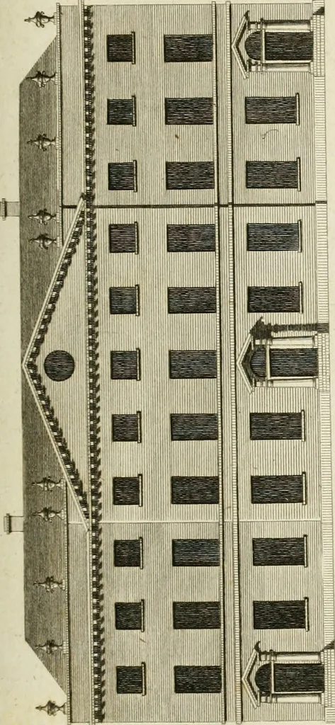 An illustration from Convenient and ornamental architecture, consisting of original designs, for plans, elevations and sections, beginning with the farm house, and regularly ascending to the most grand and magnificent villa : calculated both for town and country, and to suit all persons in every station of life : engraved on seventy copper plates : with reference and explanation in the letter press, of the use of every room in each separate building, and the dimensions accurately figured on the plans, with exact scales for measurement, 1797, leaf 92
