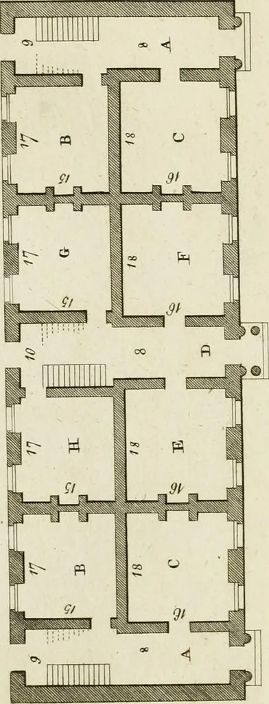 An illustration from Convenient and ornamental architecture, consisting of original designs, for plans, elevations and sections, beginning with the farm house, and regularly ascending to the most grand and magnificent villa : calculated both for town and country, and to suit all persons in every station of life : engraved on seventy copper plates : with reference and explanation in the letter press, of the use of every room in each separate building, and the dimensions accurately figured on the plans, with exact scales for measurement, 1797, leaf 92