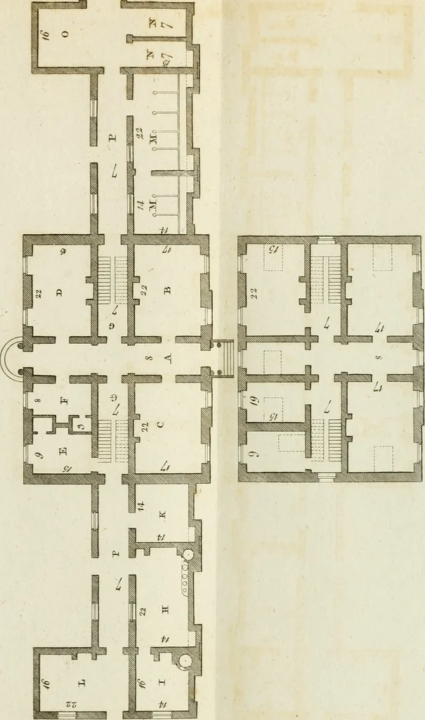 An illustration from Convenient and ornamental architecture, consisting of original designs, for plans, elevations and sections, beginning with the farm house, and regularly ascending to the most grand and magnificent villa : calculated both for town and country, and to suit all persons in every station of life : engraved on seventy copper plates : with reference and explanation in the letter press, of the use of every room in each separate building, and the dimensions accurately figured on the plans, with exact scales for measurement, 1797, leaf 94