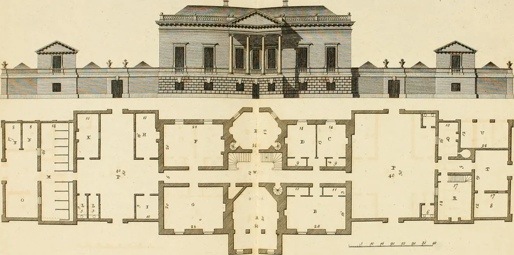 An illustration from Convenient and ornamental architecture, consisting of original designs, for plans, elevations and sections, beginning with the farm house, and regularly ascending to the most grand and magnificent villa : calculated both for town and country, and to suit all persons in every station of life : engraved on seventy copper plates : with reference and explanation in the letter press, of the use of every room in each separate building, and the dimensions accurately figured on the plans, with exact scales for measurement, 1797, leaf 97