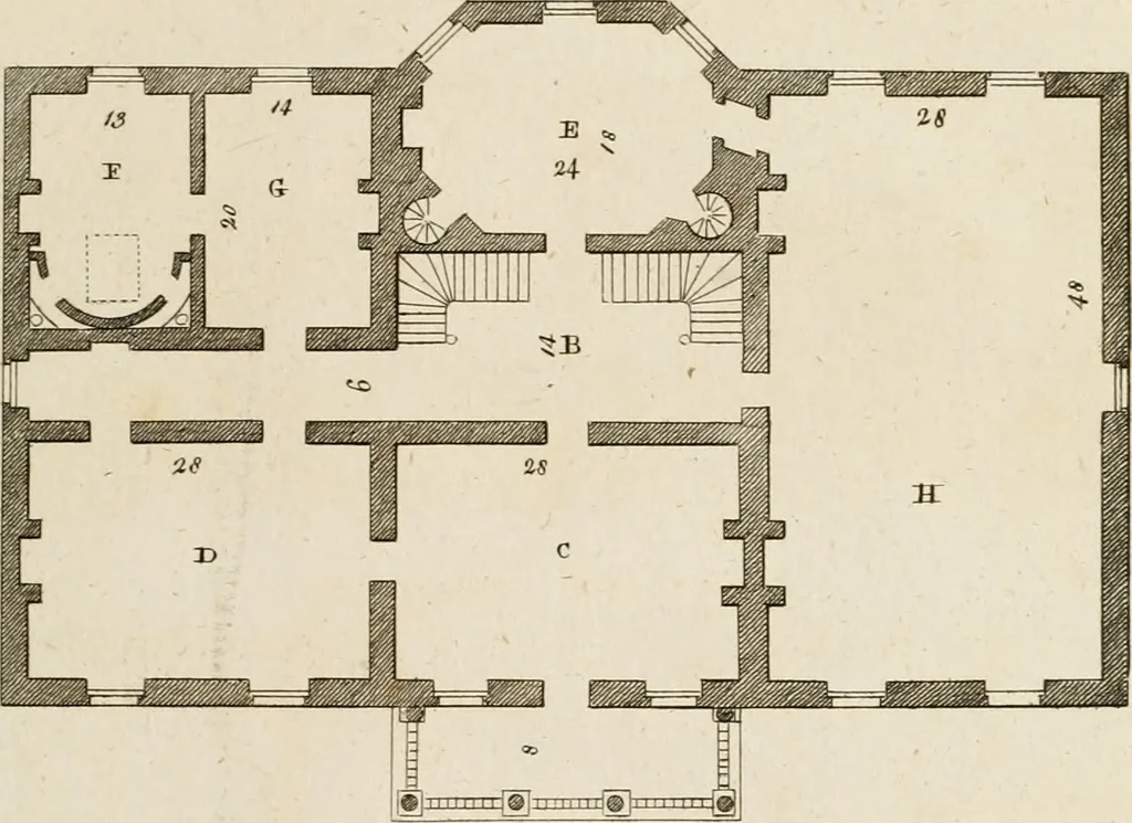 An illustration from Convenient and ornamental architecture, consisting of original designs, for plans, elevations and sections, beginning with the farm house, and regularly ascending to the most grand and magnificent villa : calculated both for town and country, and to suit all persons in every station of life : engraved on seventy copper plates : with reference and explanation in the letter press, of the use of every room in each separate building, and the dimensions accurately figured on the plans, with exact scales for measurement, 1797, leaf 98