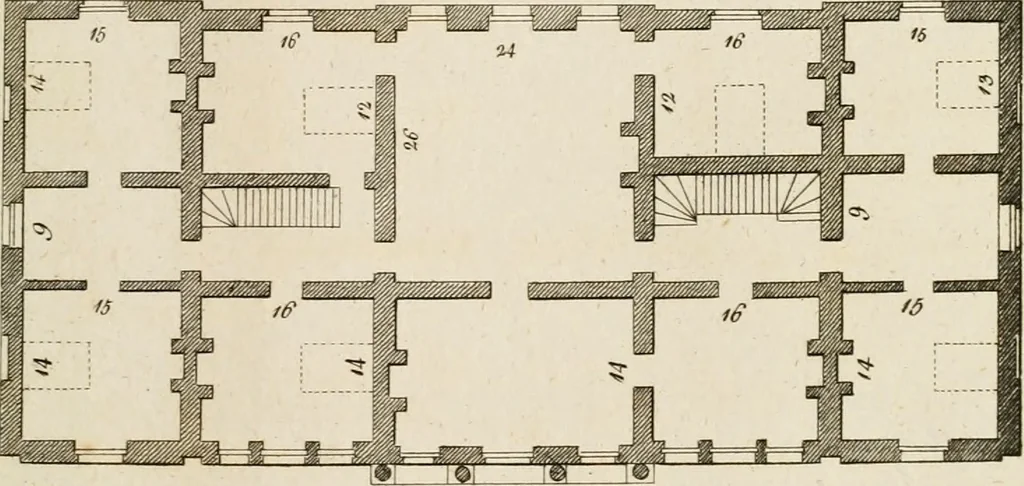 An illustration from Convenient and ornamental architecture, consisting of original designs, for plans, elevations and sections, beginning with the farm house, and regularly ascending to the most grand and magnificent villa : calculated both for town and country, and to suit all persons in every station of life : engraved on seventy copper plates : with reference and explanation in the letter press, of the use of every room in each separate building, and the dimensions accurately figured on the plans, with exact scales for measurement, 1797, leaf 98