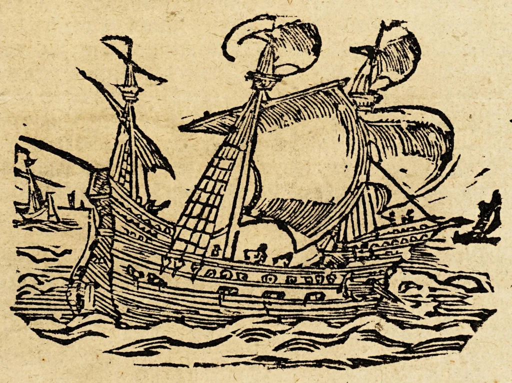 An illustration from Copie van een brief van den heere Admirael Spil-berghen: : inhoudende de voyage by hem gedaen door de Strate Magelanica, tot inde Zuydt-Zee, al waer hem bejeghent is de Vlote van don Rodrigo de Mendosa daer hy mannelijcken tegen gevochten, ende de victorije behouden heeft. Ende voorts wat hem op die reyse wedervaren is tot inde Molucques toe, 1617, leaf 9