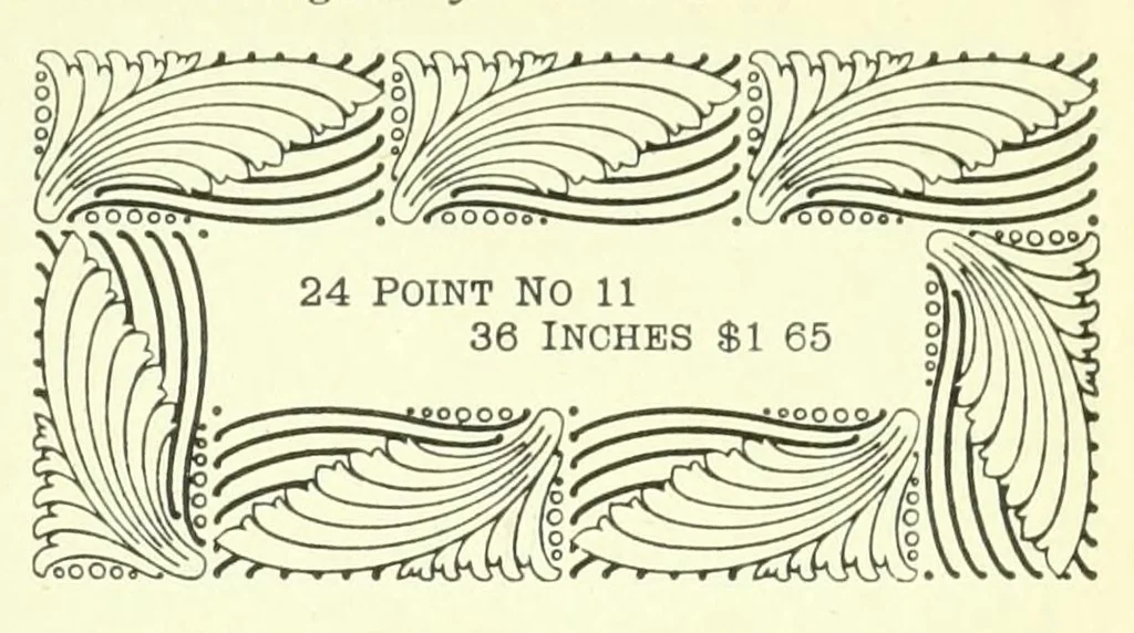 An illustration from Copper alloy type book, comprising newspaper, book, and display types, borders and ornaments : also brass rules, dashes, etc, 1901, leaf 405