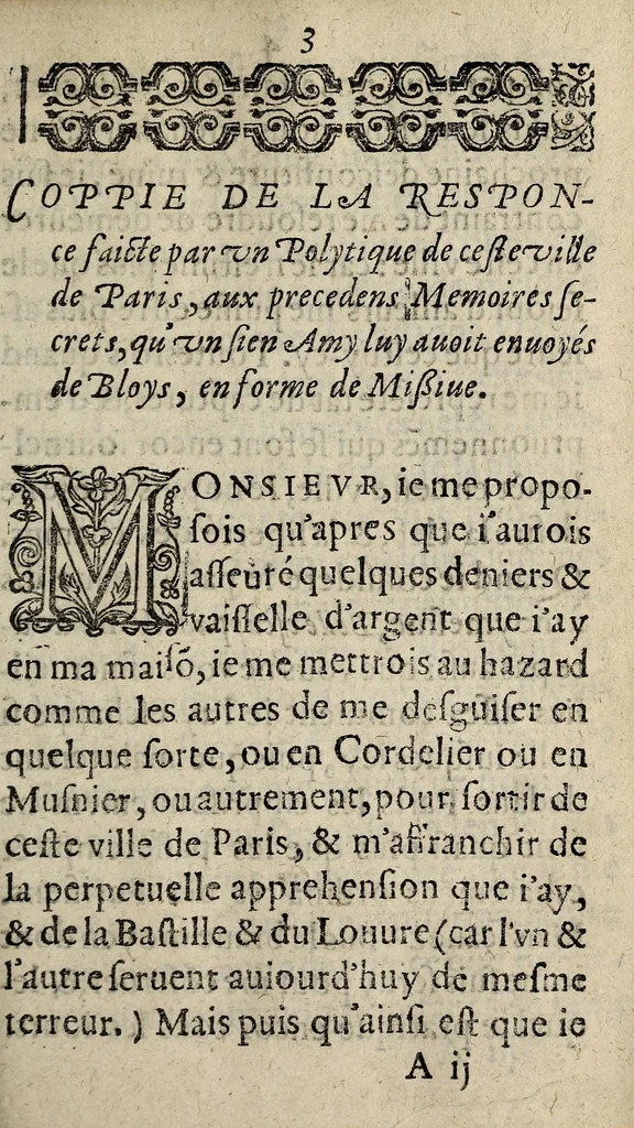 An illustration from Coppie de la responce faicte par vn politique de ceste ville de Paris, aux precedens Memoires secrets, qu'vn sien amy luy auoit enuoyes de Blois, en forme de missiue., 1589, leaf 3