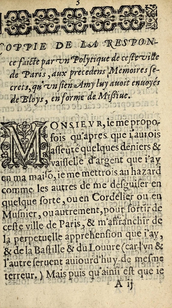 An illustration from Coppie de la responce faite par vn polytique de ceste ville de Paris, aux precedens memoires secrets qu'vn sien amy luy auoit enuoyés de Bloys, en forme de missiue., 1589, leaf 3