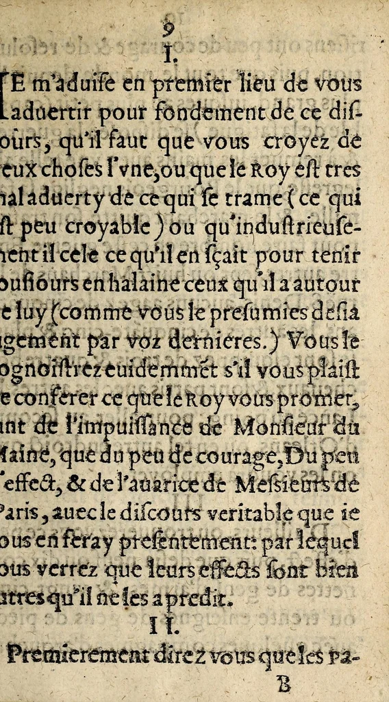 An illustration from Coppie de la responce faite par vn polytique de ceste ville de Paris, aux precedens memoires secrets qu'vn sien amy luy auoit enuoyés de Bloys, en forme de missiue., 1589, leaf 9