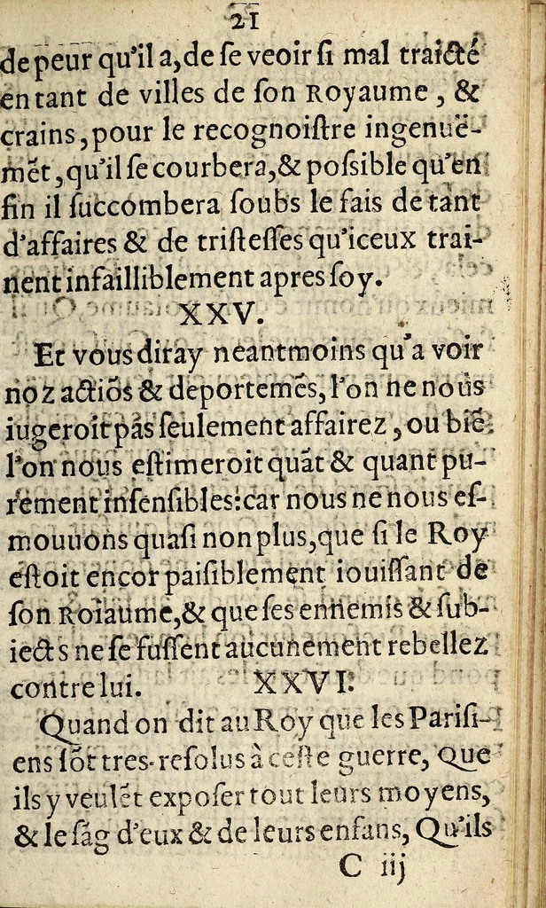 An illustration from Coppie des Memoires secrets en forme de Missiue : enuoyees de Bloys par vn Polytique mal-asseuré à vn sien amy aussi Polytique de ceste ville de Paris. Auec la responce laquelle a esté descouuerte sur vn Lacquais sortant de ceste ville, lequel a donné l'addresse dudict Polytique, au logis duquel ledicts Memoires ont esté trouuez. Comme sõmairement & au vray l'Estat auquel presentement sont les affaires du Roy, & de l'vnyon Catholique & Generalle de France., 1589, leaf 21