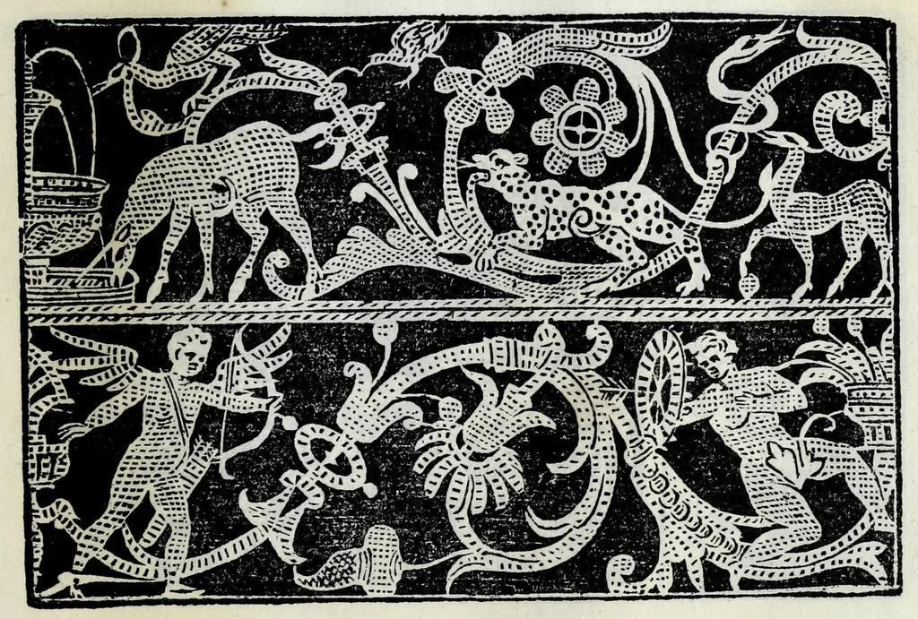An illustration from Corona delle nobili et virtvose donne : libro primo [-qvarto] : nel quale si dimostra in varij dissegni; tutte le sorti di mostre di punti tagliati, punti in aria, punti a reticello, e d'ogni altra sorte, cosi per freggi, come per merli, & rosette, che con l'aco si vsano hoggidi per tutta l'Europa : et molte delle quali mostre posono seruire ancora per opere à mazzete : con le dechiarationi a le mostre a' lavouri, 1625, leaf 107