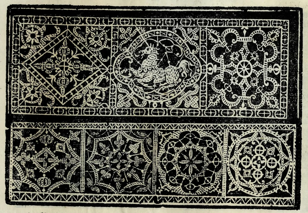An illustration from Corona delle nobili et virtvose donne : libro primo [-qvarto] : nel quale si dimostra in varij dissegni; tutte le sorti di mostre di punti tagliati, punti in aria, punti a reticello, e d'ogni altra sorte, cosi per freggi, come per merli, & rosette, che con l'aco si vsano hoggidi per tutta l'Europa : et molte delle quali mostre posono seruire ancora per opere à mazzete : con le dechiarationi a le mostre a' lavouri, 1625, leaf 123