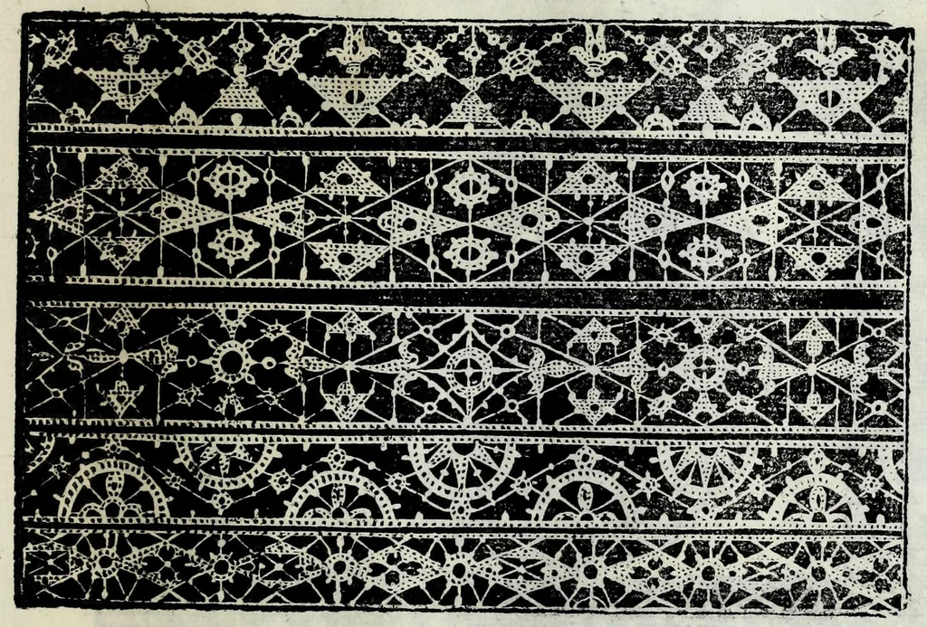 An illustration from Corona delle nobili et virtvose donne : libro primo [-qvarto] : nel quale si dimostra in varij dissegni; tutte le sorti di mostre di punti tagliati, punti in aria, punti a reticello, e d'ogni altra sorte, cosi per freggi, come per merli, & rosette, che con l'aco si vsano hoggidi per tutta l'Europa : et molte delle quali mostre posono seruire ancora per opere à mazzete : con le dechiarationi a le mostre a' lavouri, 1625, leaf 169