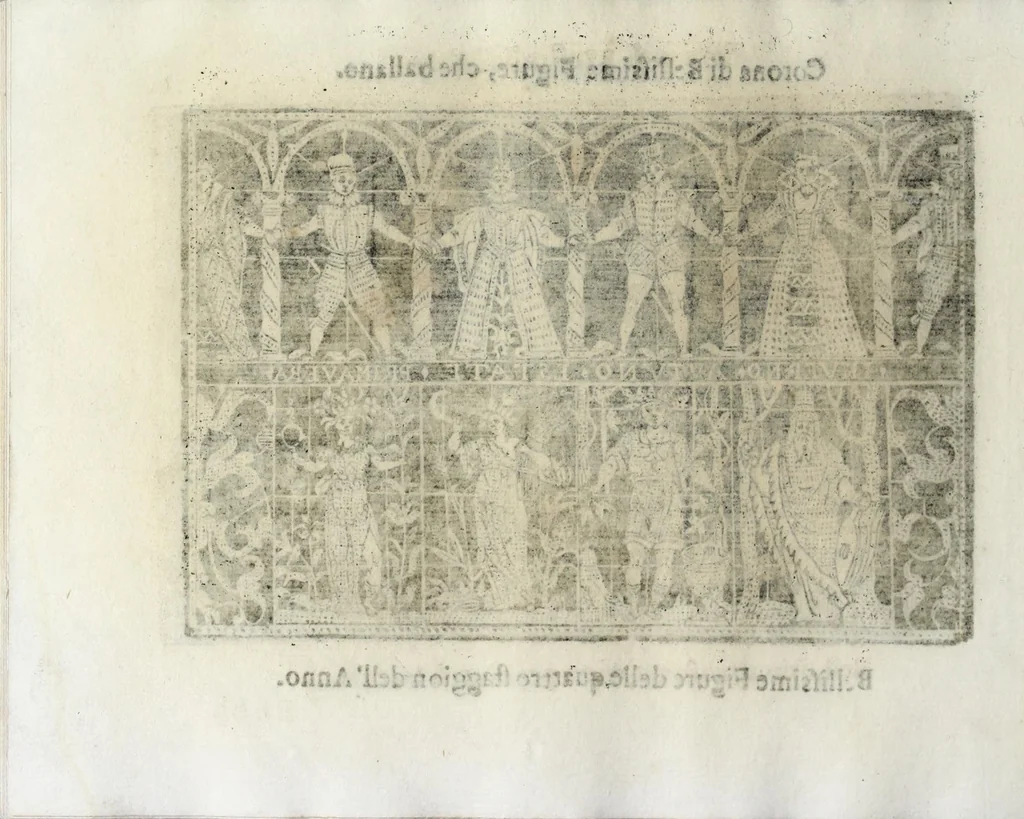 An illustration from Corona delle nobili et virtvose donne : libro primo [-qvarto] : nel quale si dimostra in varij dissegni; tutte le sorti di mostre di punti tagliati, punti in aria, punti a reticello, e d'ogni altra sorte, cosi per freggi, come per merli, & rosette, che con l'aco si vsano hoggidi per tutta l'Europa : et molte delle quali mostre posono seruire ancora per opere à mazzete : con le dechiarationi a le mostre a' lavouri, 1625, leaf 186