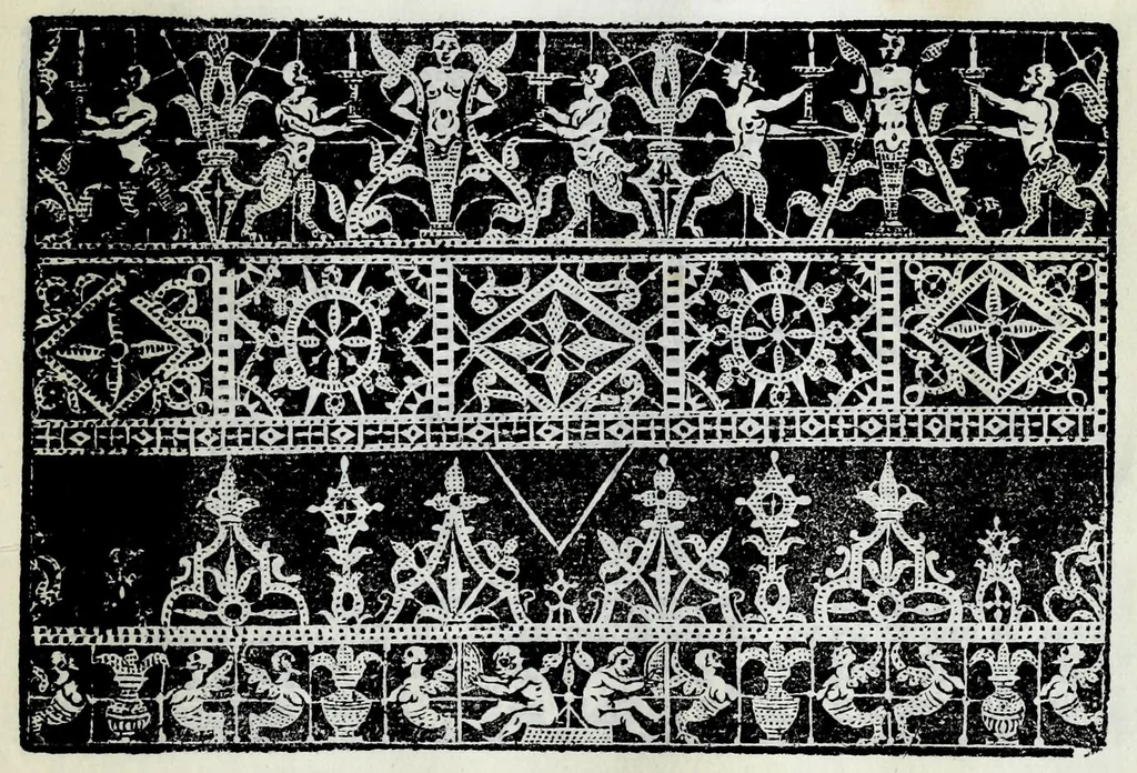 An illustration from Corona delle nobili et virtvose donne : libro primo [-qvarto] : nel quale si dimostra in varij dissegni; tutte le sorti di mostre di punti tagliati, punti in aria, punti a reticello, e d'ogni altra sorte, cosi per freggi, come per merli, & rosette, che con l'aco si vsano hoggidi per tutta l'Europa : et molte delle quali mostre posono seruire ancora per opere à mazzete : con le dechiarationi a le mostre a' lavouri, 1625, leaf 209