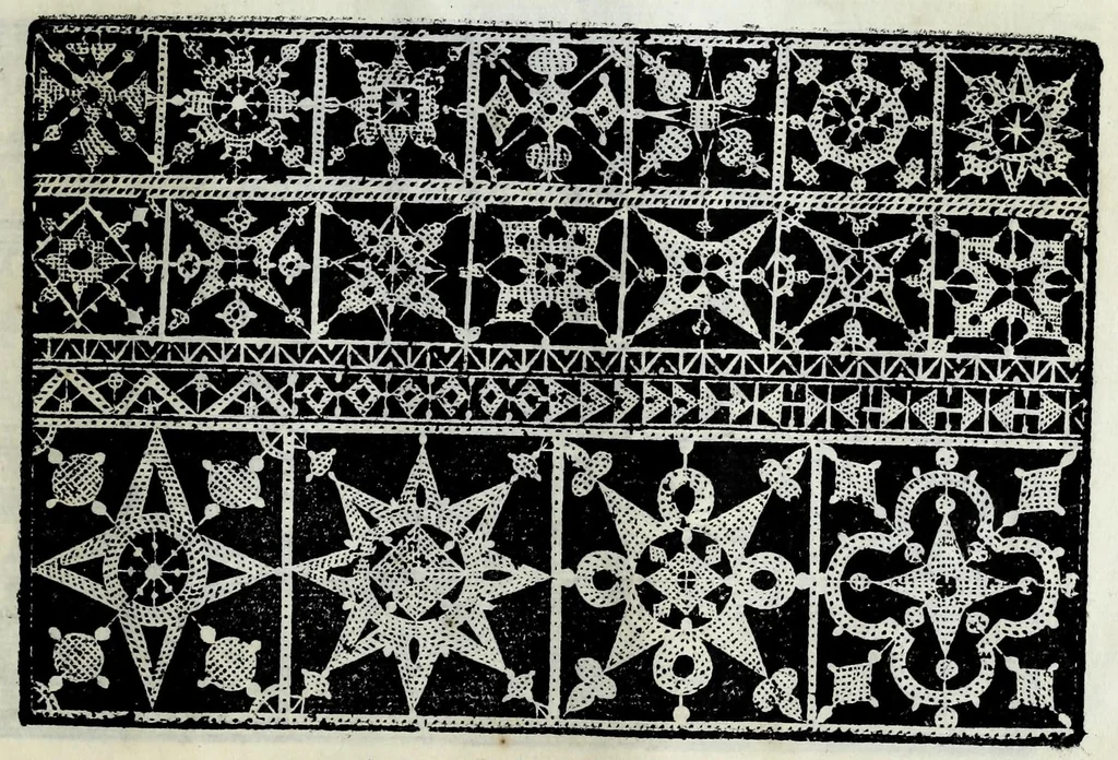 An illustration from Corona delle nobili et virtvose donne : libro primo [-qvarto] : nel quale si dimostra in varij dissegni; tutte le sorti di mostre di punti tagliati, punti in aria, punti a reticello, e d'ogni altra sorte, cosi per freggi, come per merli, & rosette, che con l'aco si vsano hoggidi per tutta l'Europa : et molte delle quali mostre posono seruire ancora per opere à mazzete : con le dechiarationi a le mostre a' lavouri, 1625, leaf 239