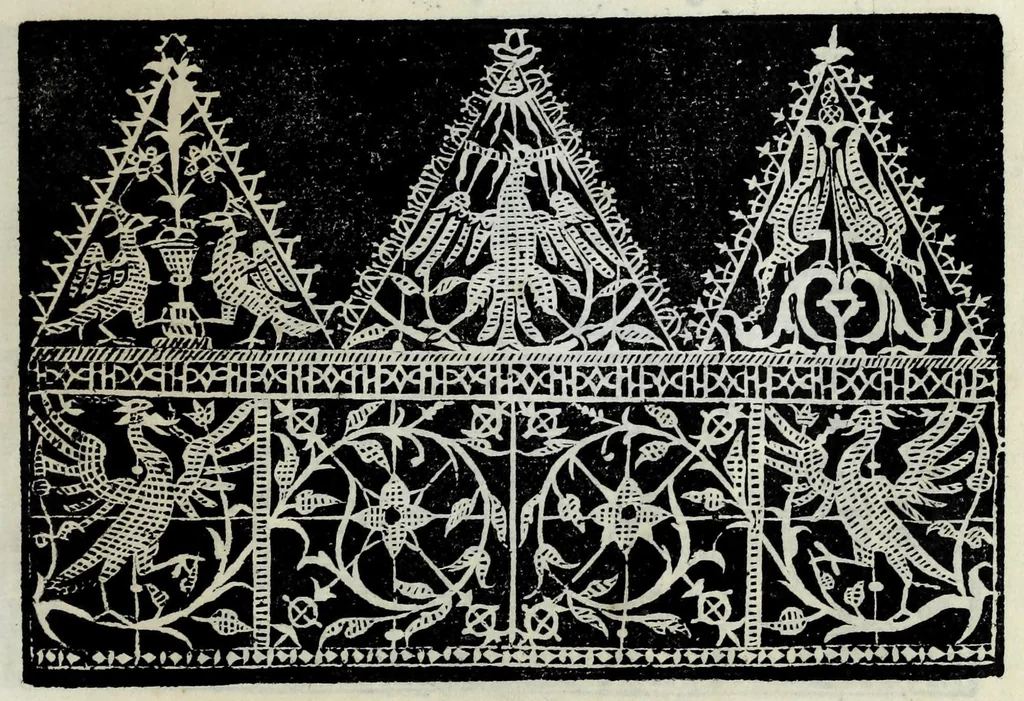 An illustration from Corona delle nobili et virtvose donne : libro primo [-qvarto] : nel quale si dimostra in varij dissegni; tutte le sorti di mostre di punti tagliati, punti in aria, punti a reticello, e d'ogni altra sorte, cosi per freggi, come per merli, & rosette, che con l'aco si vsano hoggidi per tutta l'Europa : et molte delle quali mostre posono seruire ancora per opere à mazzete : con le dechiarationi a le mostre a' lavouri, 1625, leaf 31