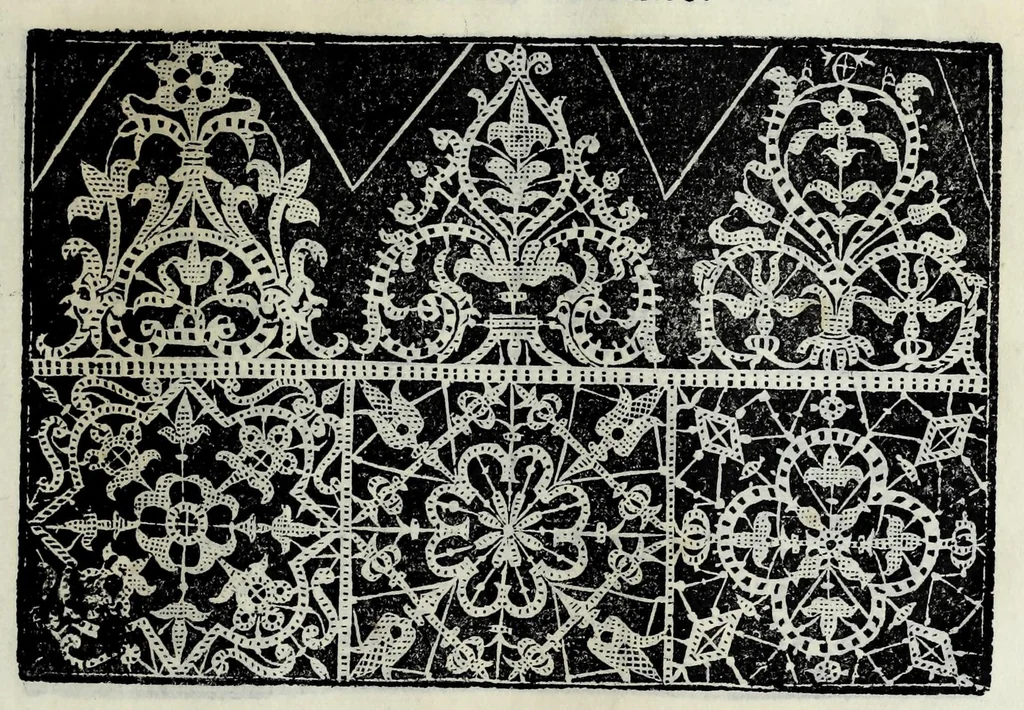An illustration from Corona delle nobili et virtvose donne : libro primo [-qvarto] : nel quale si dimostra in varij dissegni; tutte le sorti di mostre di punti tagliati, punti in aria, punti a reticello, e d'ogni altra sorte, cosi per freggi, come per merli, & rosette, che con l'aco si vsano hoggidi per tutta l'Europa : et molte delle quali mostre posono seruire ancora per opere à mazzete : con le dechiarationi a le mostre a' lavouri, 1625, leaf 71