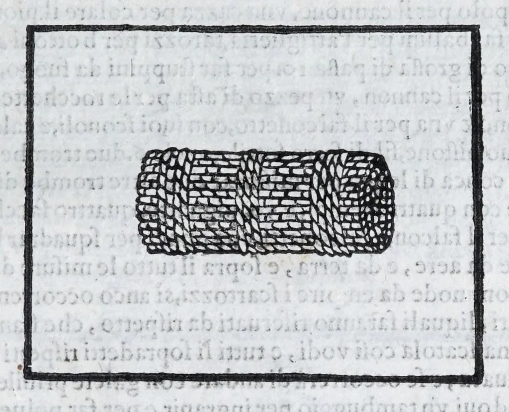 An illustration from Corona e palma militare di artiglieria et fortificationi : nellaquale si tratta dell'inuentione di essa, e dell'operare nelle fattioni da terra e mare, fuochi artificiati da giuoco e guerra, & d'vn nuouo instrumento per misurare distanze : con vn trattato della fortificatione moderna, e delli errori scoperti nelle fortezze antiche : tutto à proposito per detto essercitio dell'artiglieria, con dissegni apparenti & intelligibili, 1647, leaf 103