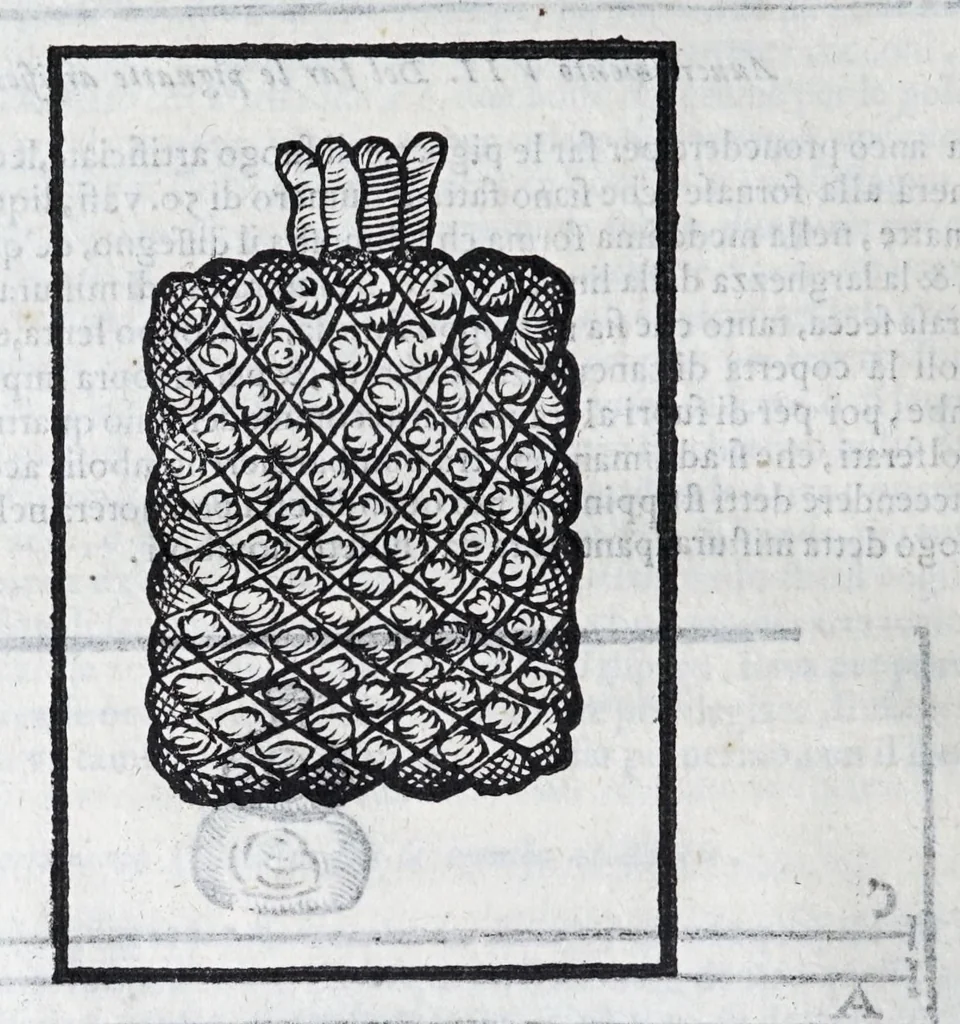 An illustration from Corona e palma militare di artiglieria et fortificationi : nellaquale si tratta dell'inuentione di essa, e dell'operare nelle fattioni da terra e mare, fuochi artificiati da giuoco e guerra, & d'vn nuouo instrumento per misurare distanze : con vn trattato della fortificatione moderna, e delli errori scoperti nelle fortezze antiche : tutto à proposito per detto essercitio dell'artiglieria, con dissegni apparenti & intelligibili, 1647, leaf 106