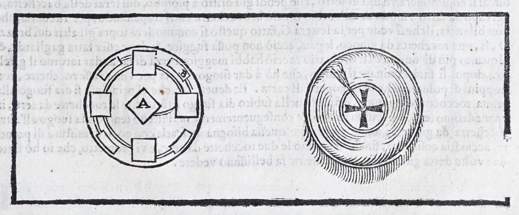 An illustration from Corona e palma militare di artiglieria et fortificationi : nellaquale si tratta dell'inuentione di essa, e dell'operare nelle fattioni da terra e mare, fuochi artificiati da giuoco e guerra, & d'vn nuouo instrumento per misurare distanze : con vn trattato della fortificatione moderna, e delli errori scoperti nelle fortezze antiche : tutto à proposito per detto essercitio dell'artiglieria, con dissegni apparenti & intelligibili, 1647, leaf 109