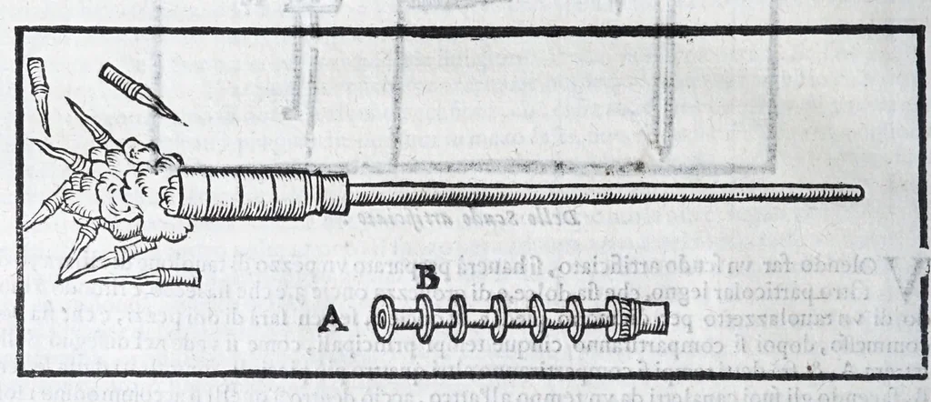 An illustration from Corona e palma militare di artiglieria et fortificationi : nellaquale si tratta dell'inuentione di essa, e dell'operare nelle fattioni da terra e mare, fuochi artificiati da giuoco e guerra, & d'vn nuouo instrumento per misurare distanze : con vn trattato della fortificatione moderna, e delli errori scoperti nelle fortezze antiche : tutto à proposito per detto essercitio dell'artiglieria, con dissegni apparenti & intelligibili, 1647, leaf 110