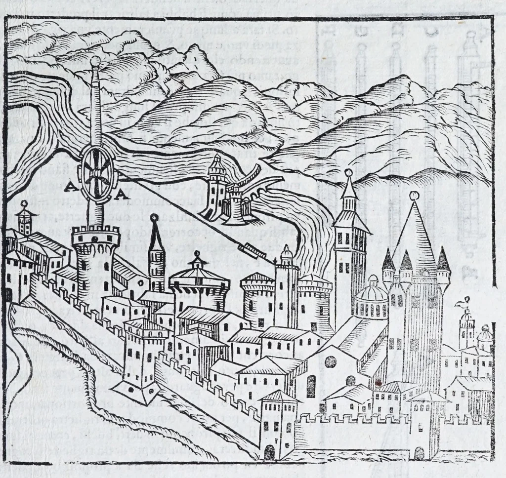 An illustration from Corona e palma militare di artiglieria et fortificationi : nellaquale si tratta dell'inuentione di essa, e dell'operare nelle fattioni da terra e mare, fuochi artificiati da giuoco e guerra, & d'vn nuouo instrumento per misurare distanze : con vn trattato della fortificatione moderna, e delli errori scoperti nelle fortezze antiche : tutto à proposito per detto essercitio dell'artiglieria, con dissegni apparenti & intelligibili, 1647, leaf 113