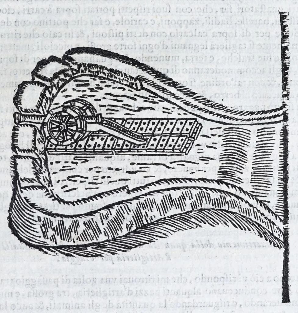 An illustration from Corona e palma militare di artiglieria et fortificationi : nellaquale si tratta dell'inuentione di essa, e dell'operare nelle fattioni da terra e mare, fuochi artificiati da giuoco e guerra, & d'vn nuouo instrumento per misurare distanze : con vn trattato della fortificatione moderna, e delli errori scoperti nelle fortezze antiche : tutto à proposito per detto essercitio dell'artiglieria, con dissegni apparenti & intelligibili, 1647, leaf 53