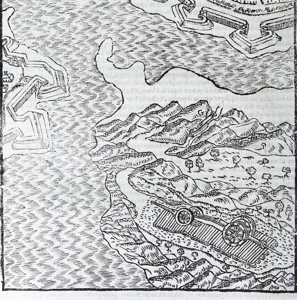 An illustration from Corona e palma militare di artiglieria et fortificationi : nellaquale si tratta dell'inuentione di essa, e dell'operare nelle fattioni da terra e mare, fuochi artificiati da giuoco e guerra, & d'vn nuouo instrumento per misurare distanze : con vn trattato della fortificatione moderna, e delli errori scoperti nelle fortezze antiche : tutto à proposito per detto essercitio dell'artiglieria, con dissegni apparenti & intelligibili, 1647, leaf 56