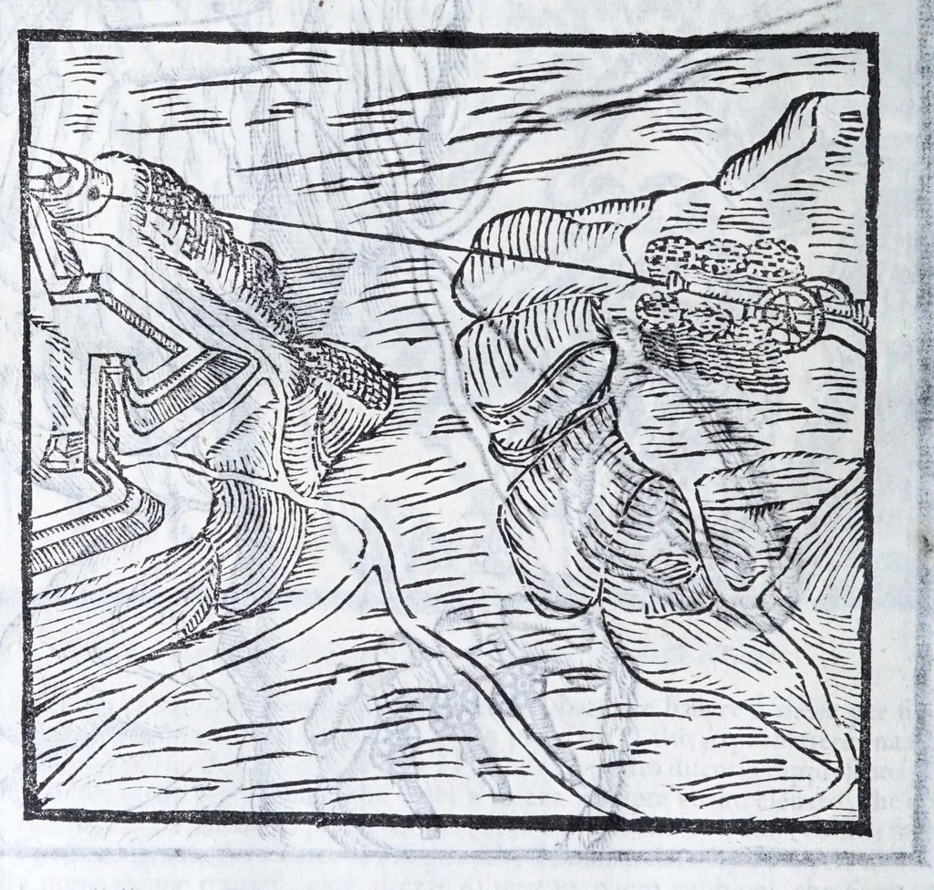 An illustration from Corona e palma militare di artiglieria et fortificationi : nellaquale si tratta dell'inuentione di essa, e dell'operare nelle fattioni da terra e mare, fuochi artificiati da giuoco e guerra, & d'vn nuouo instrumento per misurare distanze : con vn trattato della fortificatione moderna, e delli errori scoperti nelle fortezze antiche : tutto à proposito per detto essercitio dell'artiglieria, con dissegni apparenti & intelligibili, 1647, leaf 86