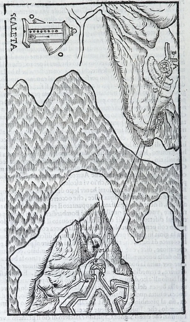 An illustration from Corona e palma militare di artiglieria et fortificationi : nellaquale si tratta dell'inuentione di essa, e dell'operare nelle fattioni da terra e mare, fuochi artificiati da giuoco e guerra, & d'vn nuouo instrumento per misurare distanze : con vn trattato della fortificatione moderna, e delli errori scoperti nelle fortezze antiche : tutto à proposito per detto essercitio dell'artiglieria, con dissegni apparenti & intelligibili, 1647, leaf 90